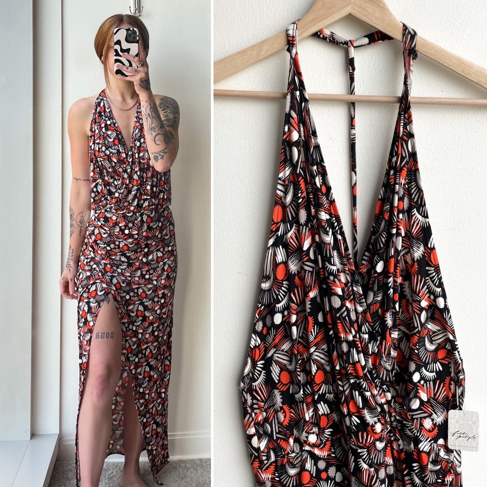 Free People Daria Halter Maxi Dress Orange Black Combo - Size S - NWT